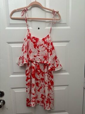 Parker 100% Silk Red and White Floral Mini Dress